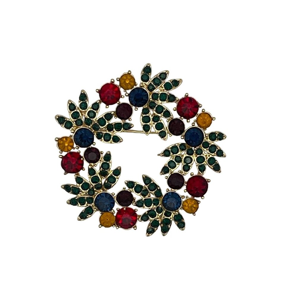 Christmas Brooch Red Green Yellow Purple Blue Rhinestones Wreath